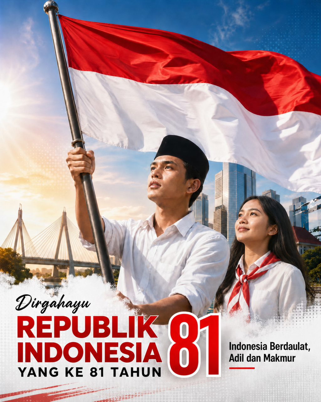 Bendera merah putih dan generasi muda Indonesia di bawah langit biru